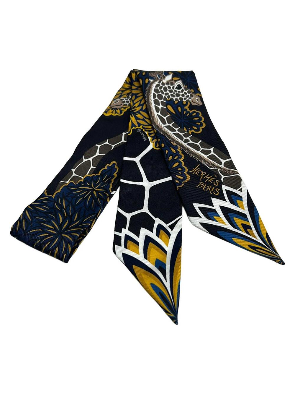 Hermes Twilly Black Yellow Brown Scarf #364385H55B